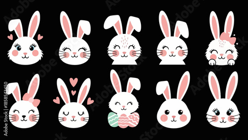 A collection of ten adorable cartoon Easter bunny faces with various expressions and accessories, set against a black background.