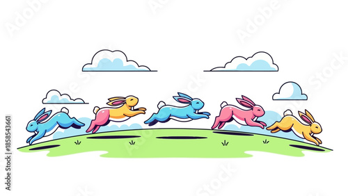A group of colorful cartoon rabbits running across a grassy field under a cloudy sky.