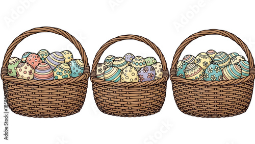 Three woven Easter baskets overflowing with vibrantly decorated eggs, showcasing intricate patterns and a festive spring theme.