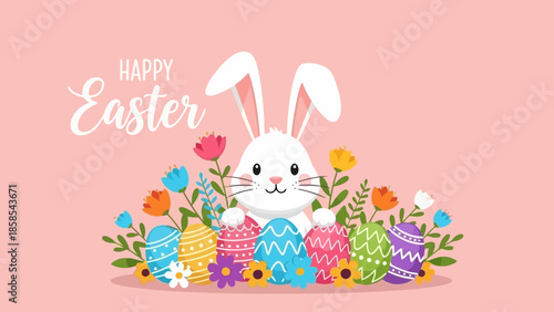 A cheerful Easter bunny peeks out from behind a colorful array of decorated Easter eggs and blooming flowers, set against a soft pink background with the words "Happy Easter".