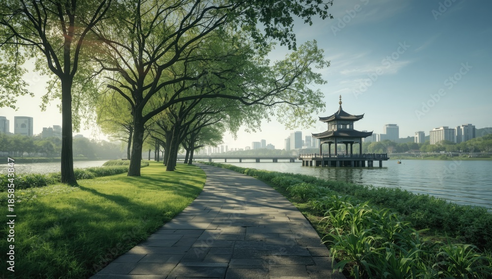 Obraz premium Cityscape featuring a riverside street with buildings and transportation, highlighting urban development