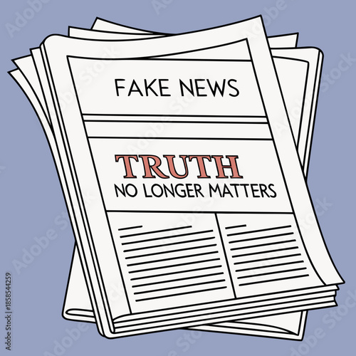 Stack of newspapers with FAKE NEWS and TRUTH NO LONGER MATTERS headlines representing misinformation and media manipulation isolated on a blue background