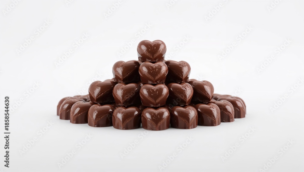 Fototapeta premium Group of dark brown heart-shaped chocolates stacked in a pyramid format, ideal for confectionery presentation