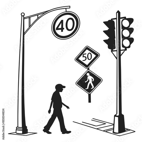 Urban traffic signs and pedestrian crossing