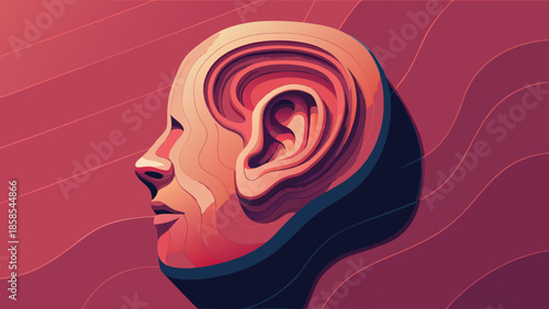 Abstract illustration of a human head profile with a large ear symbolizing listening and perception rendered in a stylized layered graphic style with a gradient background