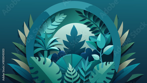 Archway with lush tropical foliage and abstract sun paper cut art style perfect for nature themes and eco-friendly concepts