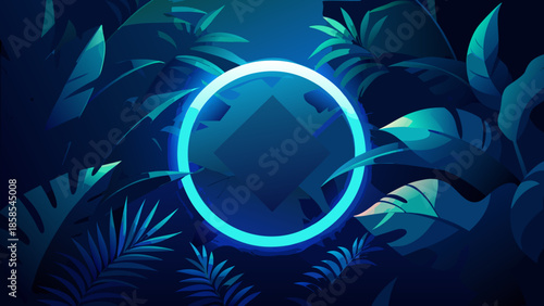 Neon ring glowing in a dark jungle with tropical leaves abstract futuristic background for technology or nature concepts digital art