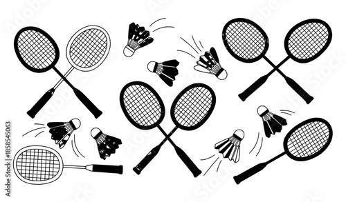 Colorful hand drawn badminton rackets and shuttlecock vector illustration set