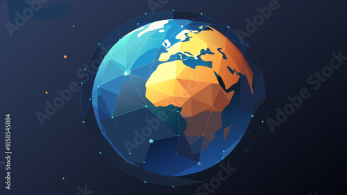 Polygonal Earth globe with abstract network connections representing global technology and communication perfect for digital concepts and data visualization