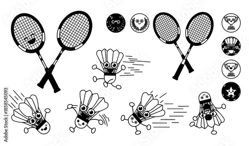 Cute hand drawn badminton equipment cartoon vector set isolated on white background