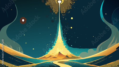 Cosmic launch from a mountain peak abstract digital art representing space exploration and discovery with a starry night sky and glowing nebula