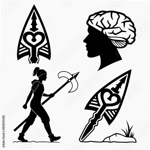 Silhouette of a warrior with symbolic weapons and brain