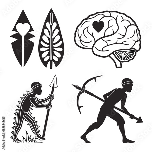 Illustrations of primitive tools and human figures