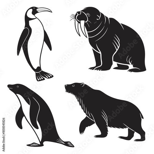 Silhouettes of penguins and seals