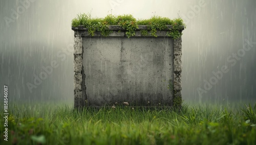 Rain-soaked cement and stone wall with moss and grass coverage, ideal for natural pattern or background