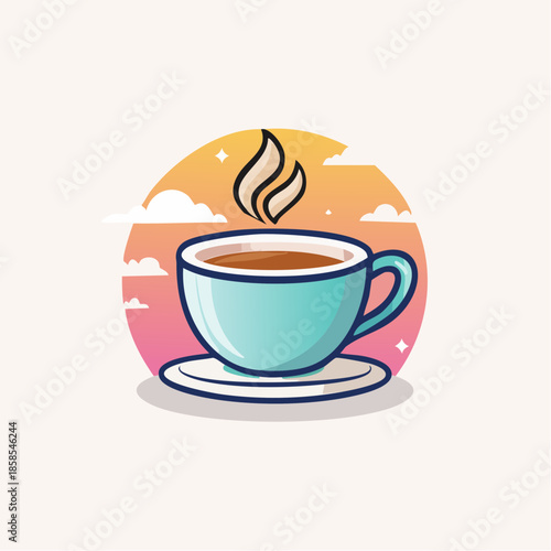A charming illustration of a steaming cup of coffee, set against a colorful backdrop.