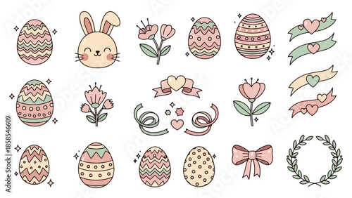 A charming collection of Easter-themed illustrations featuring decorated eggs, a cute bunny face, flowers, ribbons, and a laurel wreath, all in a soft pastel color palette.