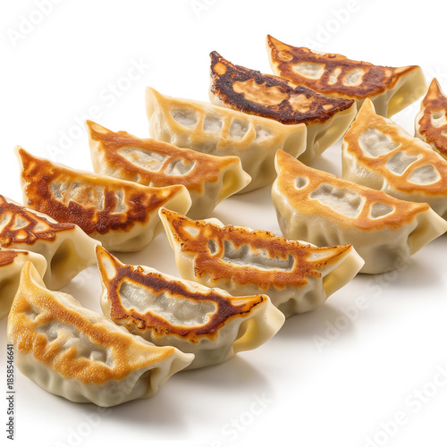 Ultra-realistic pan-fried Japanese gyoza dumplings on clean white background, crispy textures, appetizing presentation, high-resolution 8k, photorealistic, editorial stock photography.