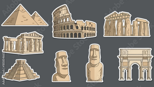 A collection of iconic historical landmarks and ancient structures from around the world, depicted in a stylized illustration.