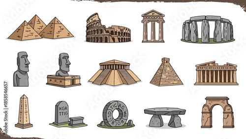 A collection of famous historical landmarks and ancient structures from around the world, depicted in a colorful illustration.