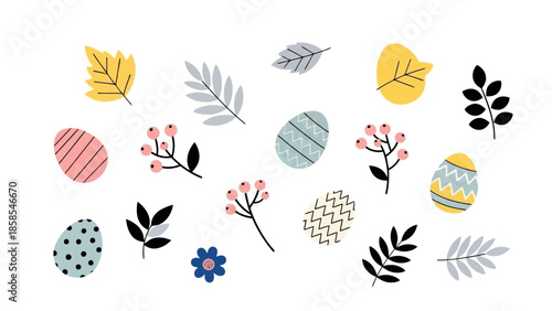 A collection of whimsical Easter-themed illustrations featuring decorative eggs, leaves, and floral elements in a playful, hand-drawn style.