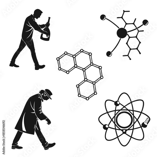 Silhouettes of scientists and molecular structures