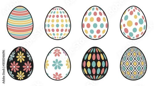 A collection of eight vibrantly decorated Easter eggs, each featuring unique patterns and colors, arranged in two rows.