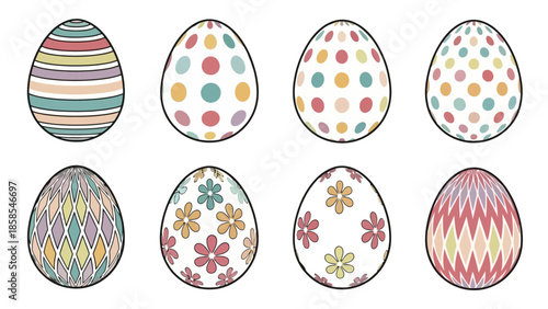 A collection of eight vibrantly decorated Easter eggs, each featuring unique patterns and colors, presented on a white background.