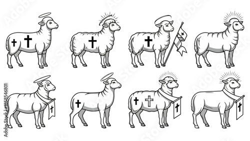 A collection of eight black and white illustrations of lambs, each adorned with Christian symbols like crosses and halos, some carrying banners.