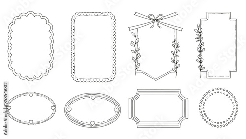 A collection of eight decorative ornamental frames and borders, presented in a clean, minimalist line art style on a white background.