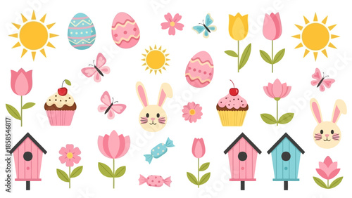A vibrant collection of Easter-themed illustrations featuring cute bunnies, colorful tulips, decorated eggs, sweet cupcakes, and cheerful suns.