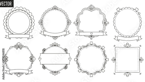 A collection of eight ornate decorative frames and borders with intricate scrollwork and banner elements, presented in a black and white line art style.