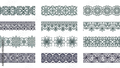 Collection of intricate decorative borders and ornamental patterns in various styles, suitable for design elements.