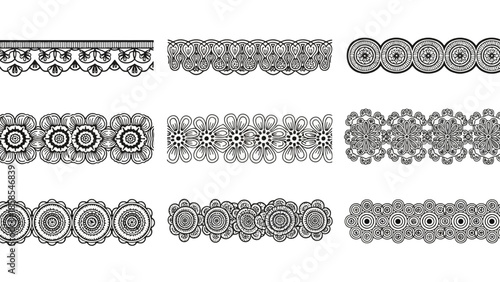 Collection of intricate ornamental borders and decorative patterns, featuring repeating circular motifs and floral elements.