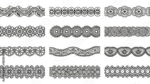 Collection of intricate black and white ornamental borders and decorative elements in a repeating pattern.
