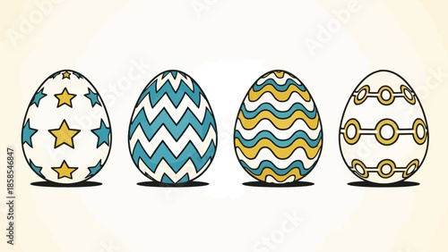 Four intricately decorated Easter eggs with distinct patterns and colors displayed in a row against a soft gradient background.