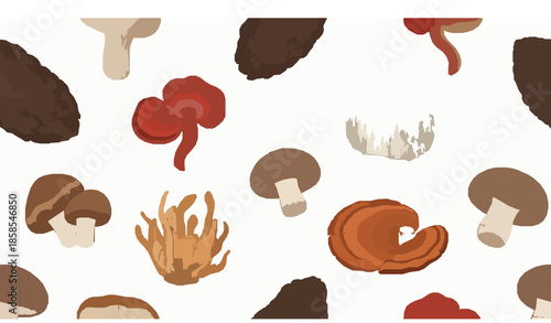 Medicinal mushroom seamless pattern with chaga reishi shiitake cordyceps turkey tail and lions mane