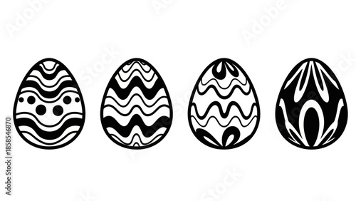 Four intricately decorated Easter eggs with black and white wavy line patterns and polka dots, presented on a white background.