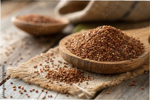 Macro photography of raw teff grains piled on a rustic wooden surface, showing their tiny size and varied brown tones, soft natural lighting,