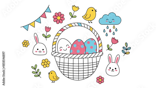 A charming collection of cute Easter-themed illustrations featuring a basket of decorated eggs, bunnies, chicks, flowers, and a rainbow cloud.