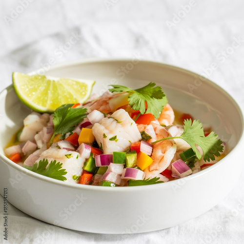 Gourmet seafood ceviche with lime zest, fresh herbs, vibrant vegetables, ultra-realistic textures, appetizing editorial style, natural light, photorealistic 8K, high-resolution stock image.