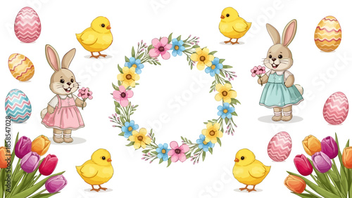 A charming Easter illustration featuring cute bunnies, fluffy chicks, colorful eggs, and a floral wreath surrounded by tulips.