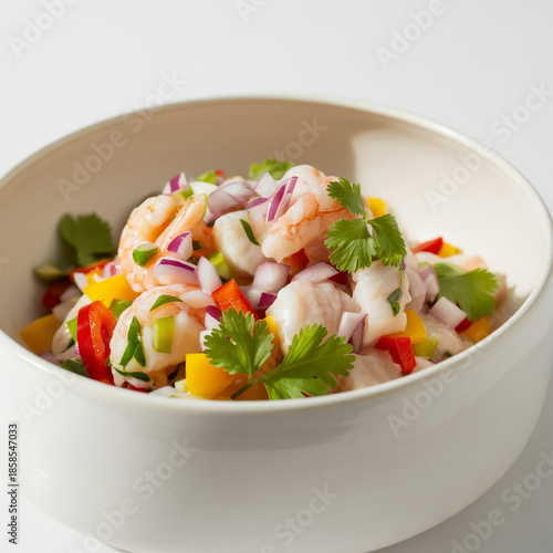 Gourmet seafood ceviche with lime zest, fresh herbs, vibrant vegetables, ultra-realistic textures, appetizing editorial style, natural light, photorealistic 8K, high-resolution stock image.