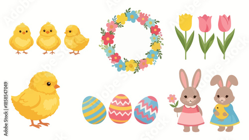 A charming collection of Easter-themed illustrations featuring fluffy yellow chicks, colorful decorated eggs, a floral wreath, tulips, and adorable bunnies.