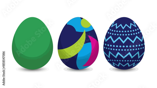 Three vibrantly decorated Easter eggs, one solid green and two with intricate patterns, displayed on a white background.