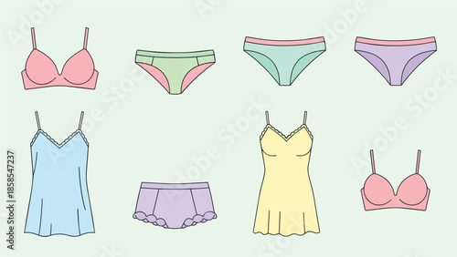 Collection of various lingerie and swimwear.