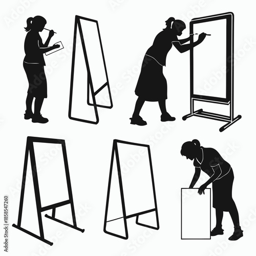 Silhouettes of people interacting with sign boards