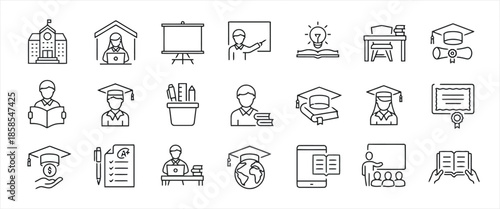 Education line icons set university graduation student teacher book knowledge school supplies diploma learning library training research campus lesson study exam class degree