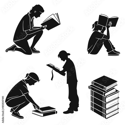 Silhouettes of people reading books