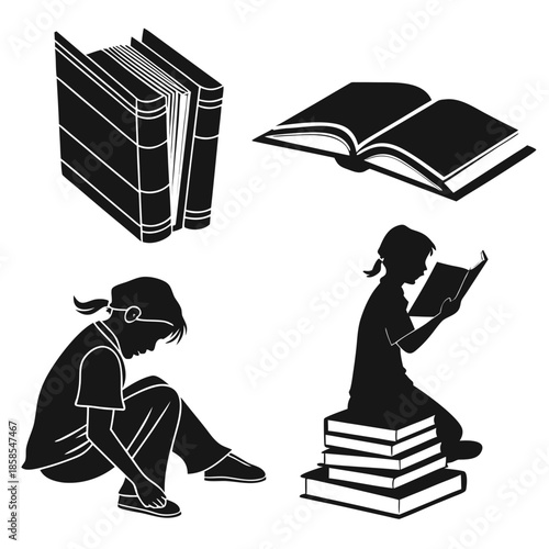 Silhouettes of people reading books
